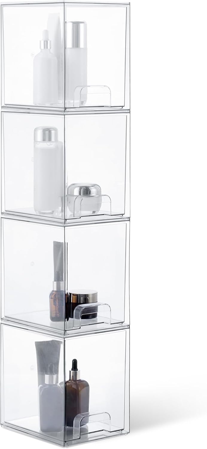 Amazon Basics Stackable Plastic Storage Makeup Organizer Drawers, Clear, 6.0" x 7.4" x 7.7", 4 Pack