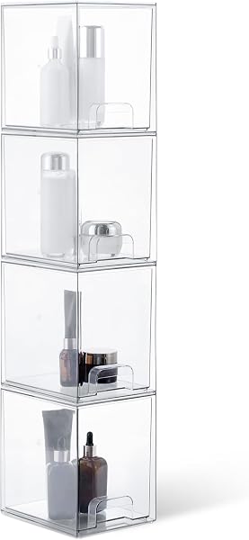 Amazon Basics Organizador de Maquillaje Apilable con Cajones de Plástico, Transparente, 15.3 x 18.8 x 19.6 cm, Pack de 4 - 1