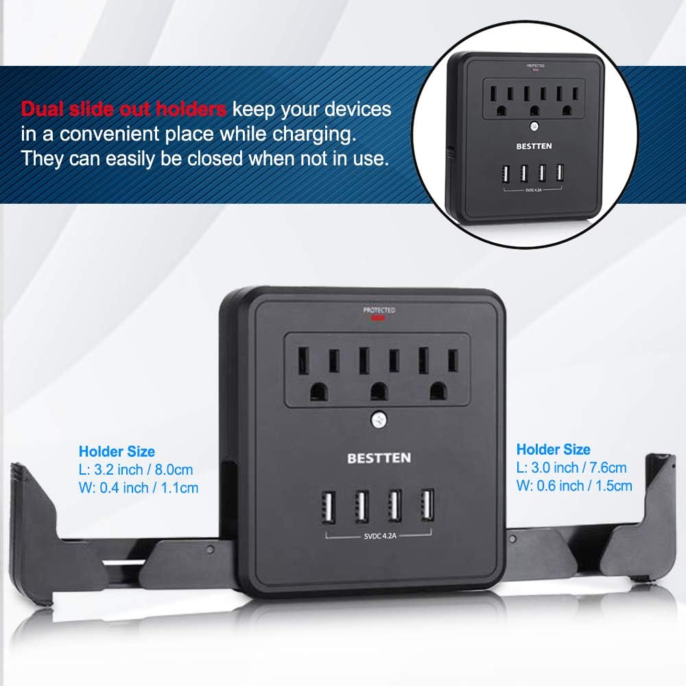 BESTTEN USB Wall Outlet Surge Protector, 4 USB Charging Ports (5V/4.2A), 3 AC Outlets and 2 Slide-Out Phone Holders, 15A/125V/1875W, ETL Listed, Black