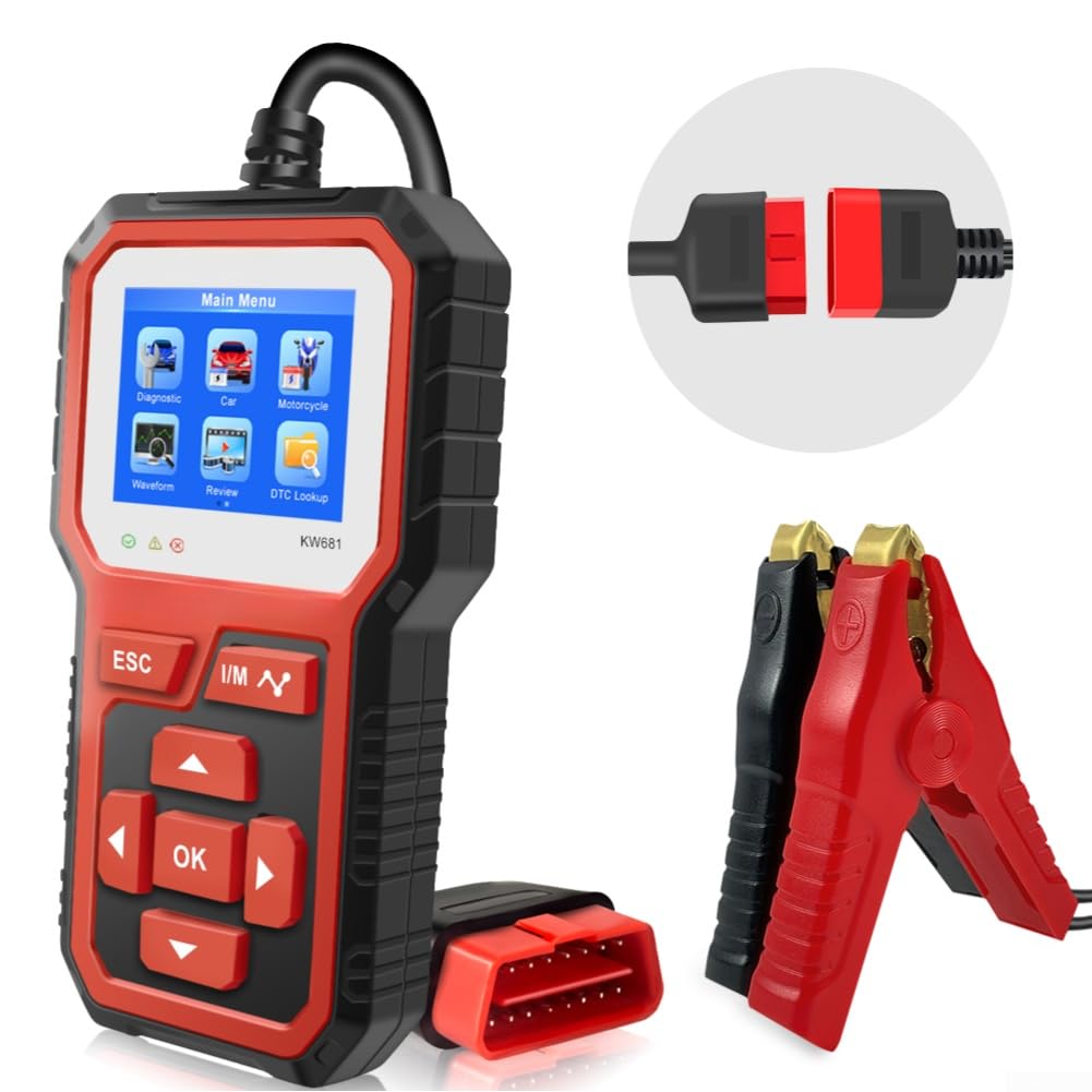 KW681 - Tester per batterie da 6 V/12 V per auto e moto, scanner diagnostico con lettura dei codici di errore e funzione di cancellazione, per batterie AGM, gel e acido, standard OBD2 (a partire dal