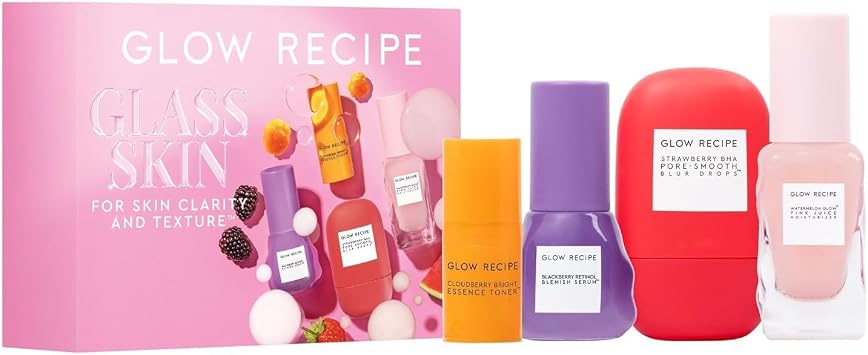 Glow Recipe Glass Skin Hydration Travel Size Korean Skincare Set - Includes Mini Cloudberry Facial Toner, Strawberry Blur Drops, Blackberry Retinol Serum & Pink Juice Moisturizer 4 Count