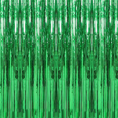 Image of Crosize 4 Pack 3.3 x 9.9 ft Green Foil Fringe Curtains, Tinsel Curtain Backdrop for Parties, Door Streamers for Birthday Dinosaur Animal St Patrick's Day Football Christmas Party Decorations