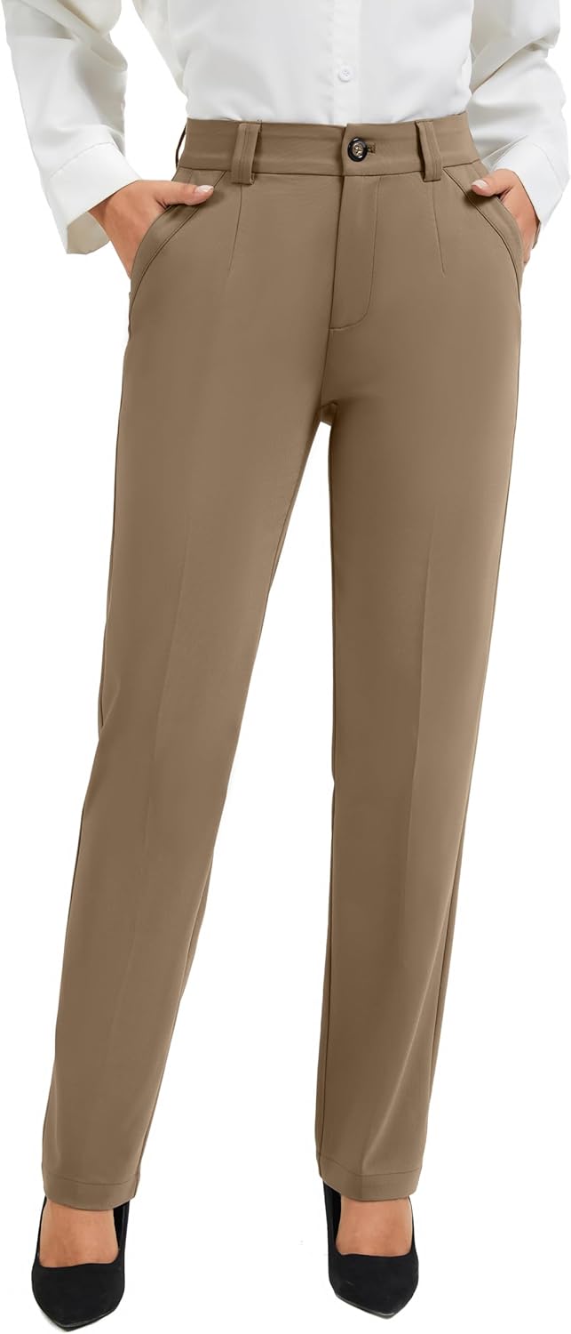 FUNYYZO Women Stretch Business Straight Leg Dress Slacks Pants with Pockets Wear to Work 2026 Casual Suitpants
