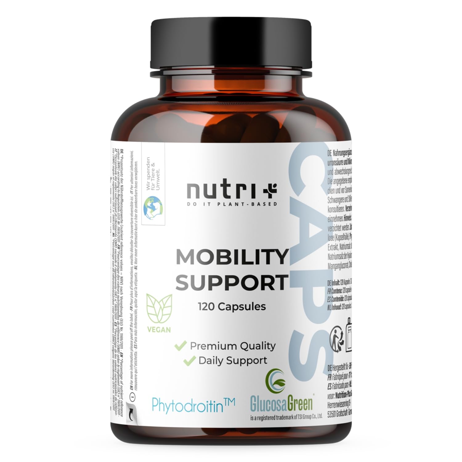Nutri + Glucosamina + Condroitina Cápsulas de Alta Dosis + Vegan - Mobility Support con MSM, Ácido Hialurónico, Zinc, Vitamina C - Glucosagreen + Fitodroitina