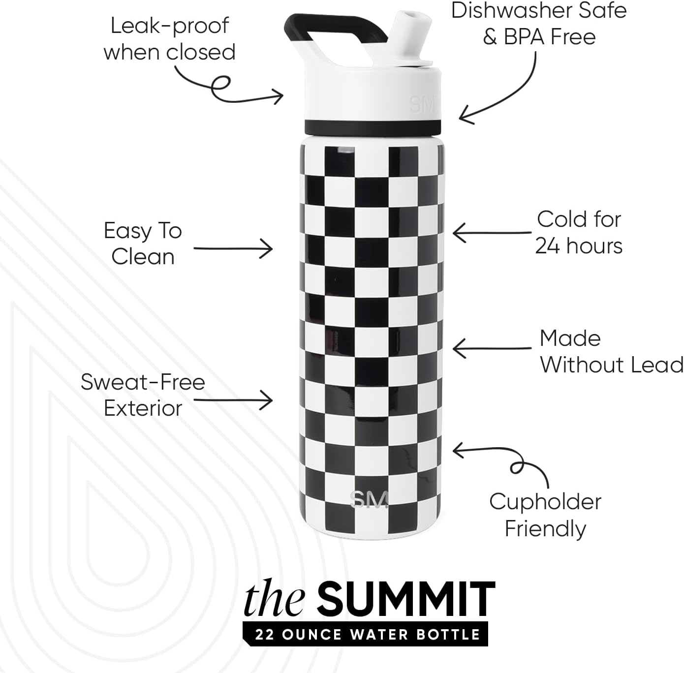 Simple Modern Water Bottle with Straw Lid | Vacuum Insulated Stainless Steel Metal | Reusable Leak Proof BPA-Free Cup for School | Summit Collection | 22oz, Black and White Checkmate - Image 2