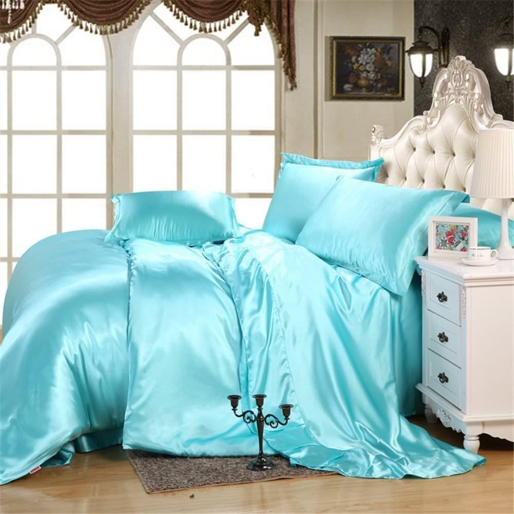 7 pcs 100% Pure Silk Duvet Set, Bed Sheet Silk Fitted Sheet with 15 Deep Pockets, Silk Flat Sheet & Pillowcases Set Twin XL (68 X 90 Inches) Sky Blue