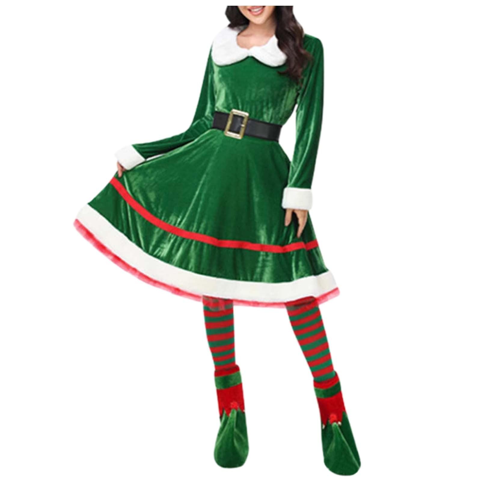 Genérico Disfraz Navidad Mujer Conjunto De Elfo Navideño Con Vestido Y Accesorios Traje De Performance Festivo Para Damas Con Falda Y Gorro Puntiagudo Disfraz Navidad Mujer