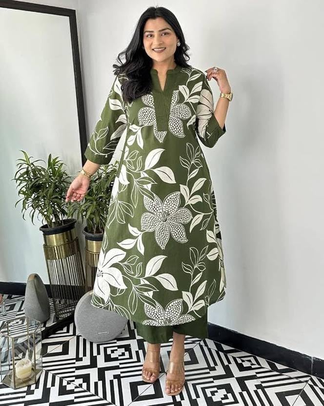 Image of MEERA FAB Women's Pure Cotton Printed Ethnic Wear Straight Kurta Set with Palazzo Pants
