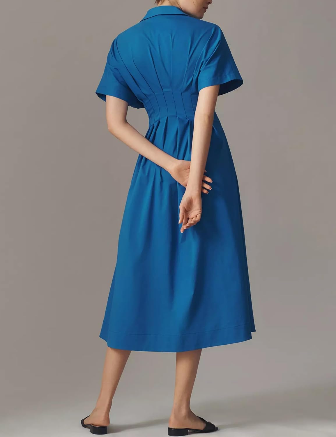 Striped Button Pleated Shirt Maxi Dress for Women Summer Short Sleeve Collar V Neck Corset Long Dress - Image 3