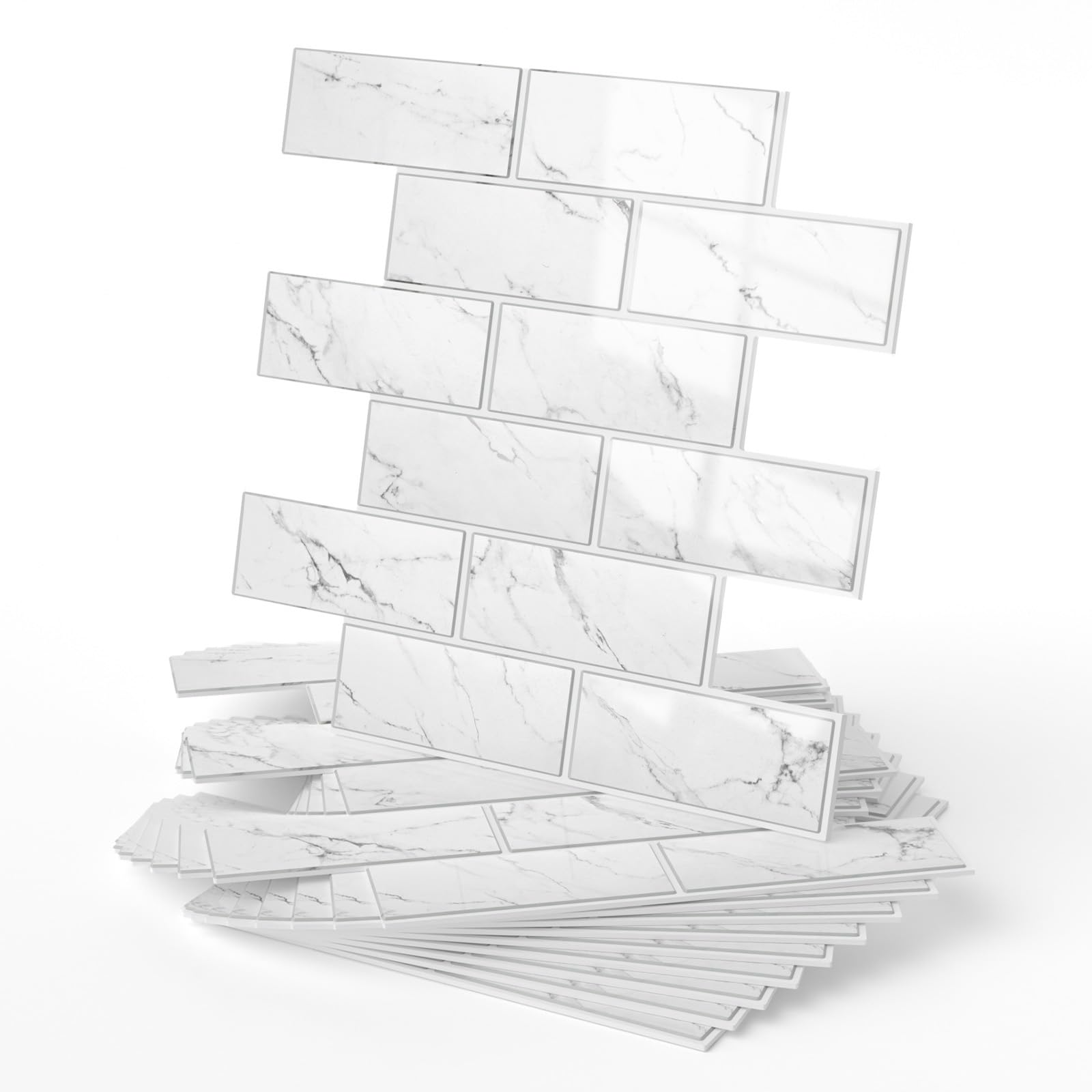WADILE 3D Peel and Stick Subway Wall Tiles, 20PCS Aluminum Foil Backing Foam Brick Panels for Kitchen Bathroom Backsplash, Waterproof Self Adhesive Wall Stickers, Marble White