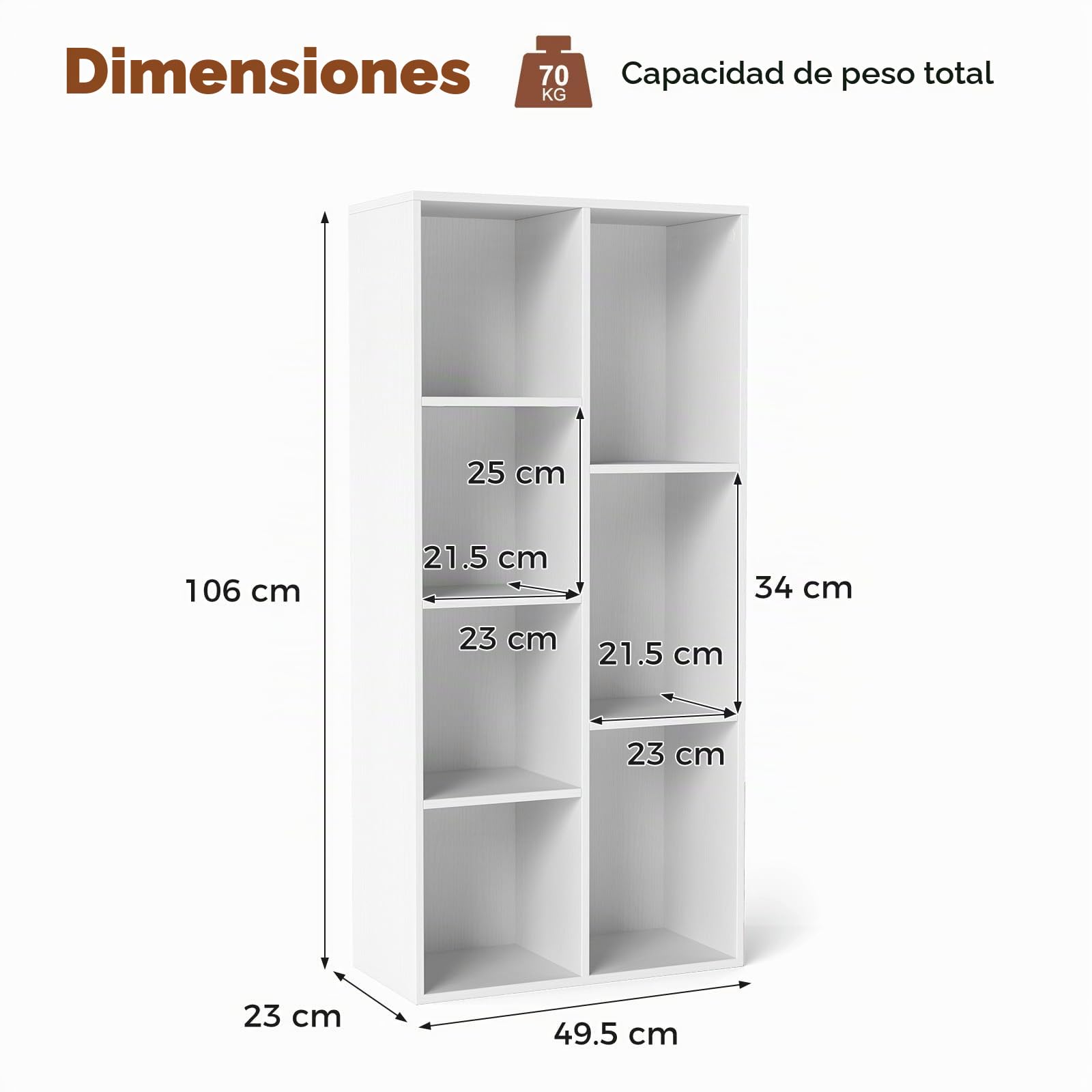 KOMFOTTEU Librería Abierta con 7 Cubos, Estantería para Libros Vertical y Horizontal, Mueble de Almacenamiento de Madera con 2 Kits Antideslizantes, para Salón Oficina, 49,5 x 23 x 106 cm (Blanco)