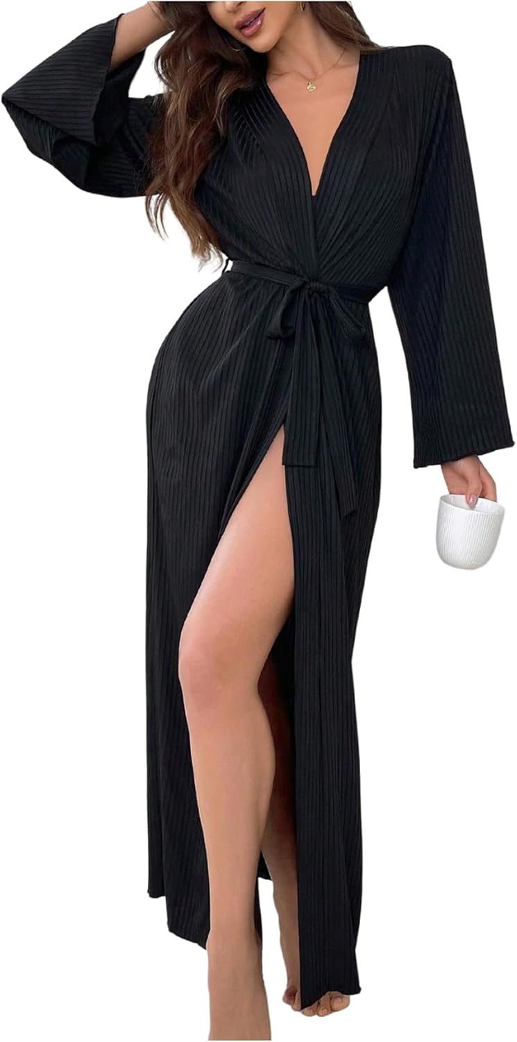 OYOANGLE Womens Long Robes Kimono Elegant Lightweight Knit V Neck Bathrobe Soft Sleepwear Casual Bath Robe