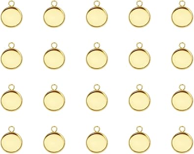 Shapenty Gold Stainless Steel Round Bezel Blanks Pendant Trays for Earrings Bracelet Necklace Keychain DIY Craft Resin Glass Cabochon Jewelry Making Projects Christmas Gift Hanging Charms, 20PCS