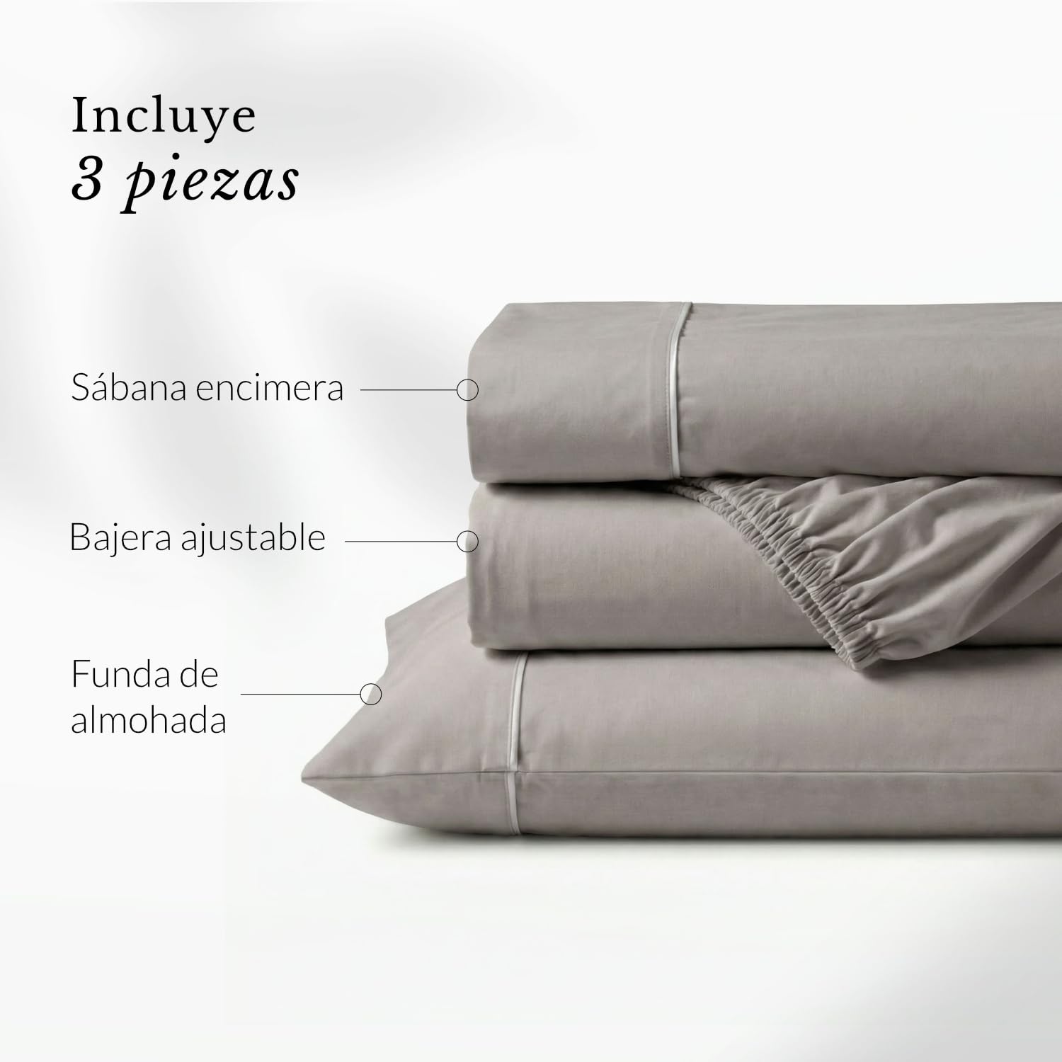 Flow – Pack 3 Juego de Sabanas Percal – Sabana Bajera 135x200x30 Cm Grey – Sabana Encimera 210 x 280 Cm y Fundas Almohadas 45 x 135 Cm, 100% Algodon Fresco 180 Hilos, Oeko-Tex®