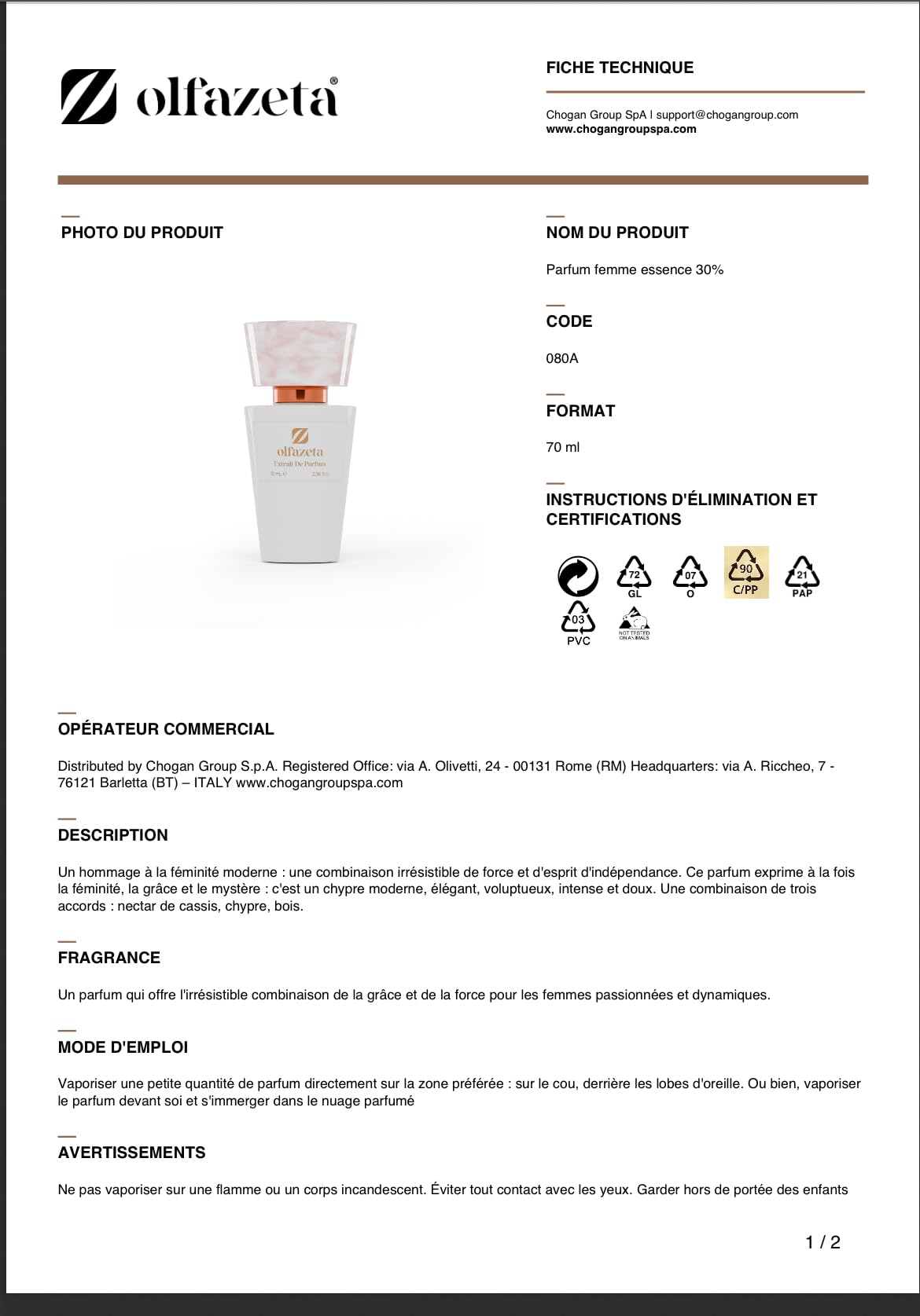 Olfazeta Extrait de parfum femme, 70 ml, avec Recharge 15 ml Offerte code 080