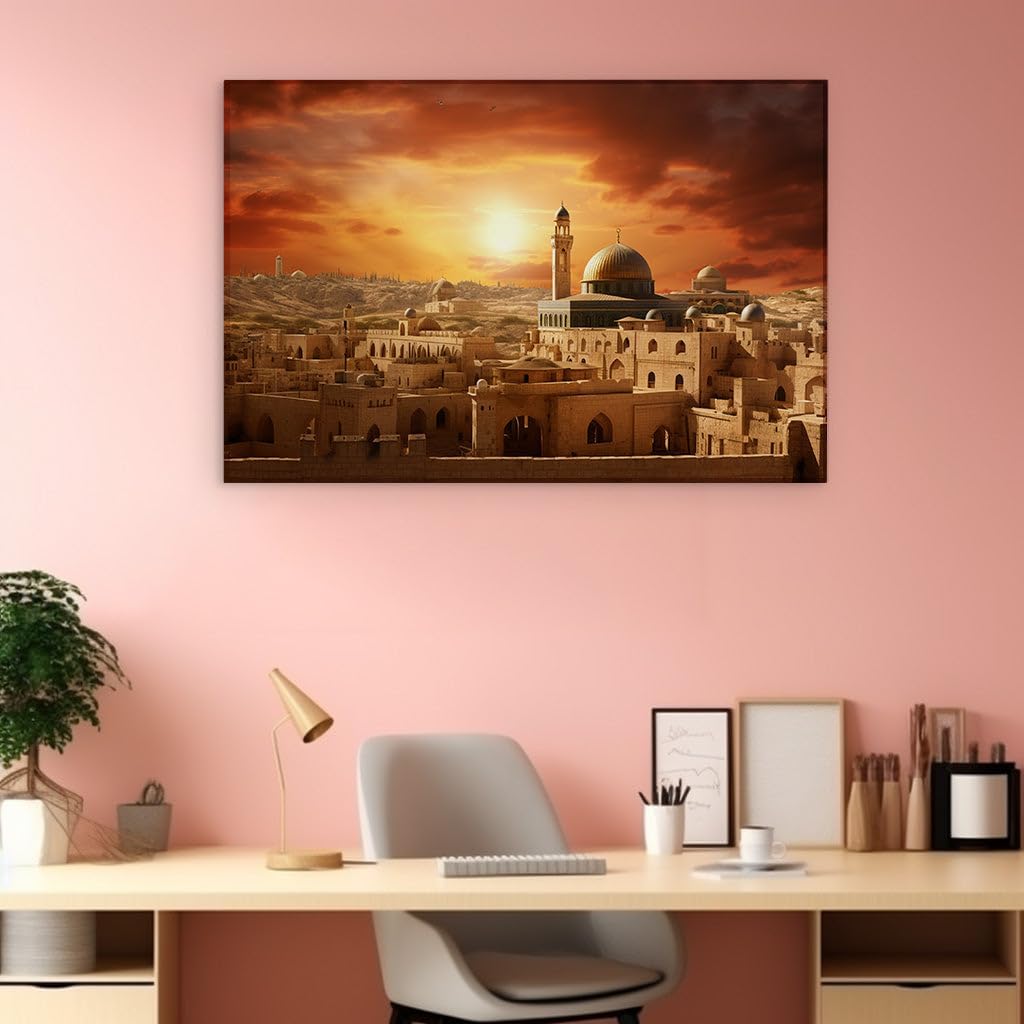 Canvas for Living room. Desert Mirage: A Majestic Ancient City and its Timeless Mosque at Sundown, 27 x 18 inch Canvas Wall Art - Modern Home Decor