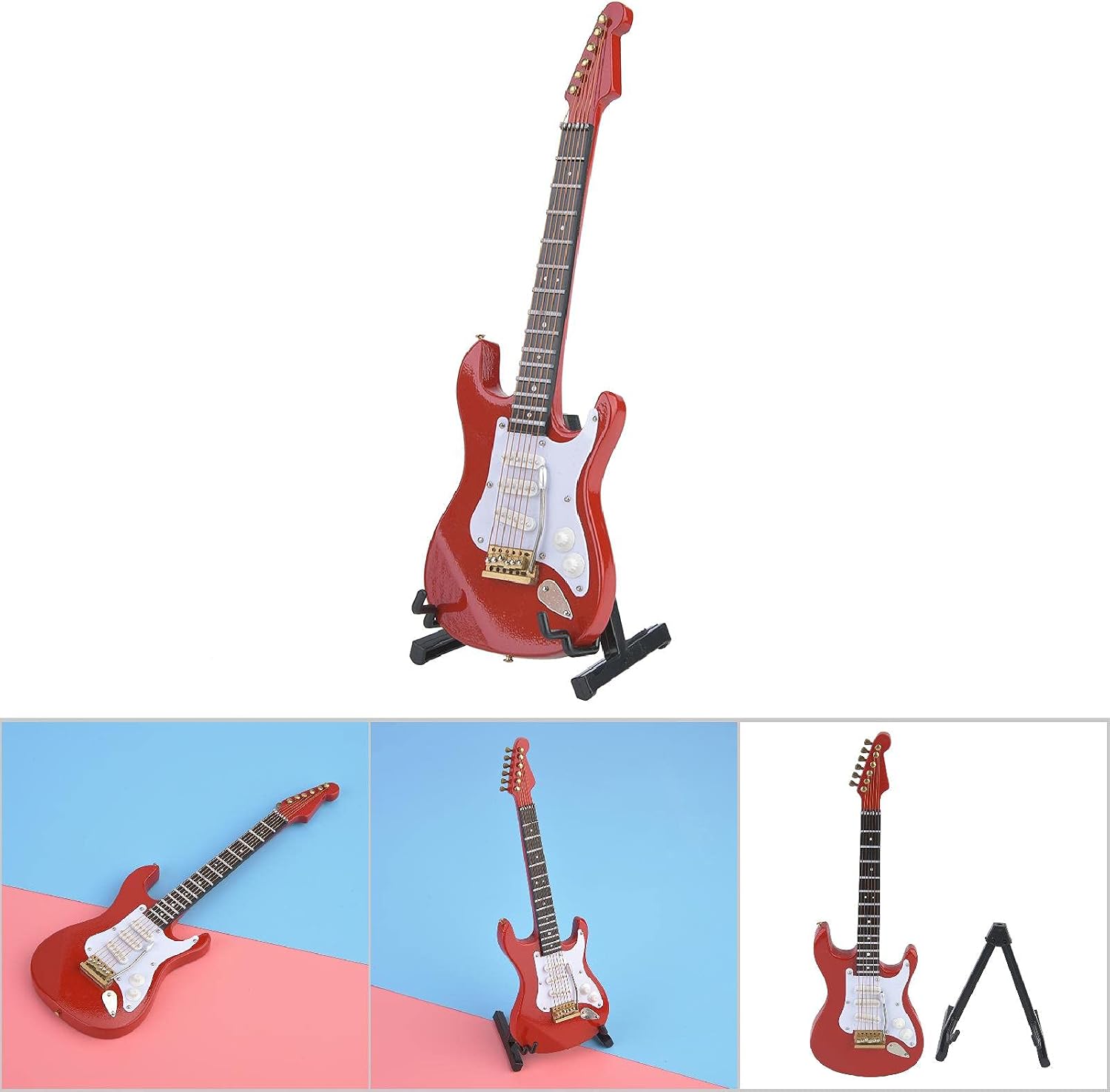 Wooden Miniature Guitar with Stand - Decorative Dollhouse Accessory, Mini Musical Ornament (Red)