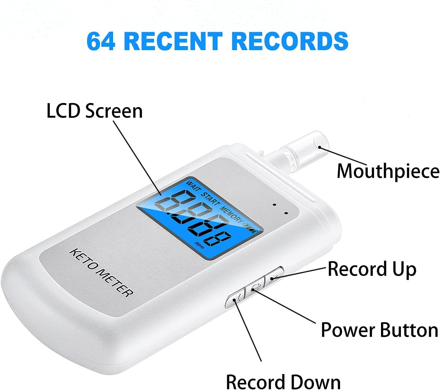 Ketone-Atemmessgerät Professionelles Ketone-Atemmessgerät Tragbares Ketose-Atemmessgerät USB-aufladbares Ketone-Atemmessgerät mit 10 austauschbaren Mundstücken für Ketosetests
