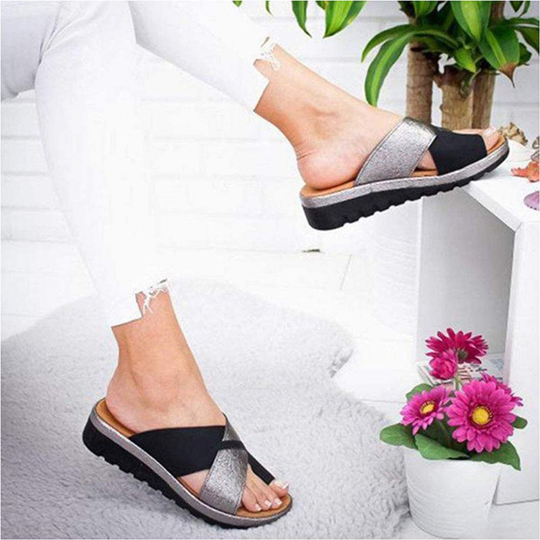 Women Flip Flop Orthotic Sandals, PU Leather Soft