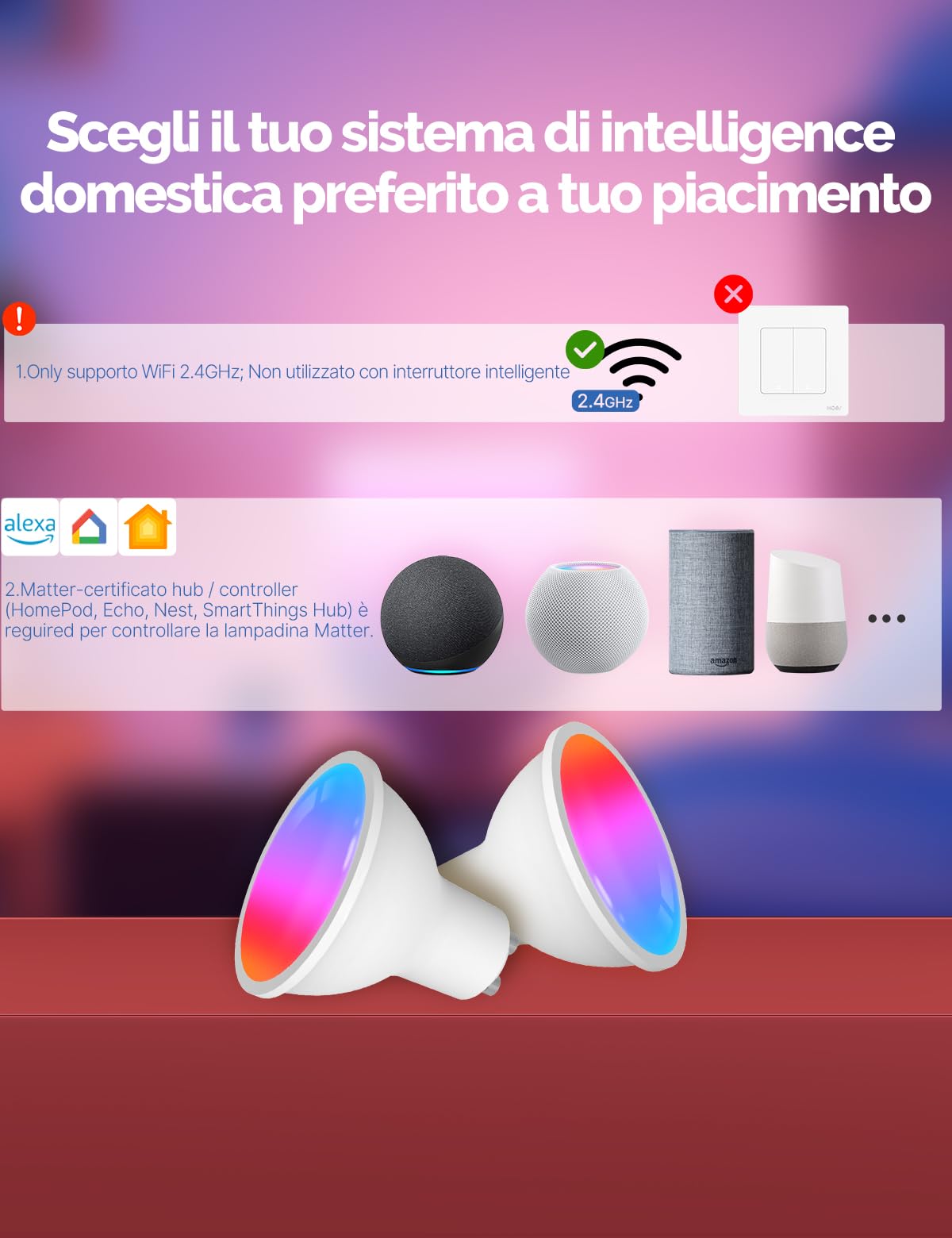 MOES Lampadina Intelligente Matter GU10 Luce LED RGB WLAN Dimmerabile 16M | Bianco Caldo 2700K-6500K, Bianco Freddo, Musica Sincronizzata, compatibile, HomeKit, Alexa, Google Home 4PCS