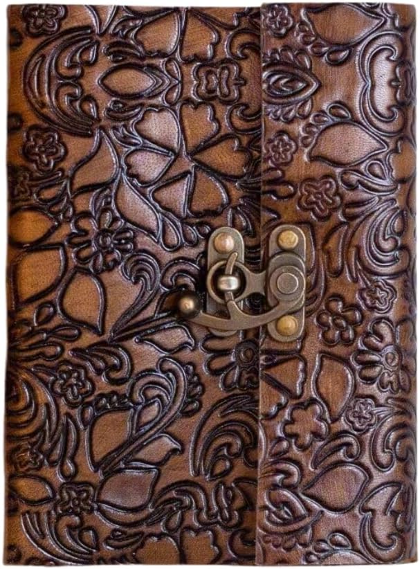 Handmade Large 7 inches Leather Journal Embossed Floral Design with Latch Unlined Paper Blank Personal Diary Notebook Journal Gift