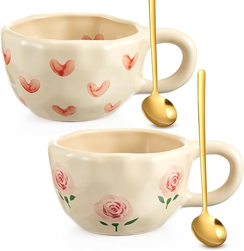 Miniatura 13 de Vesici 2 piezas tazas de café de cerámica con cuchara, tazas florales vintage con asa, 8.5 onzas, taza de té de porcelana estética, regalo para San