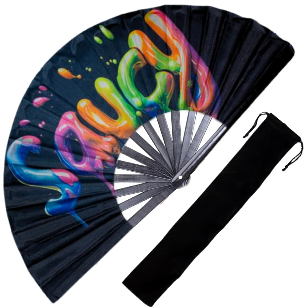 Decorative Rave Hand Fan – Large Folding Fans for Festivals, Drag Queen & Burlesque – Cute Holographic Rave Accessories for Women and Men (Saucy)