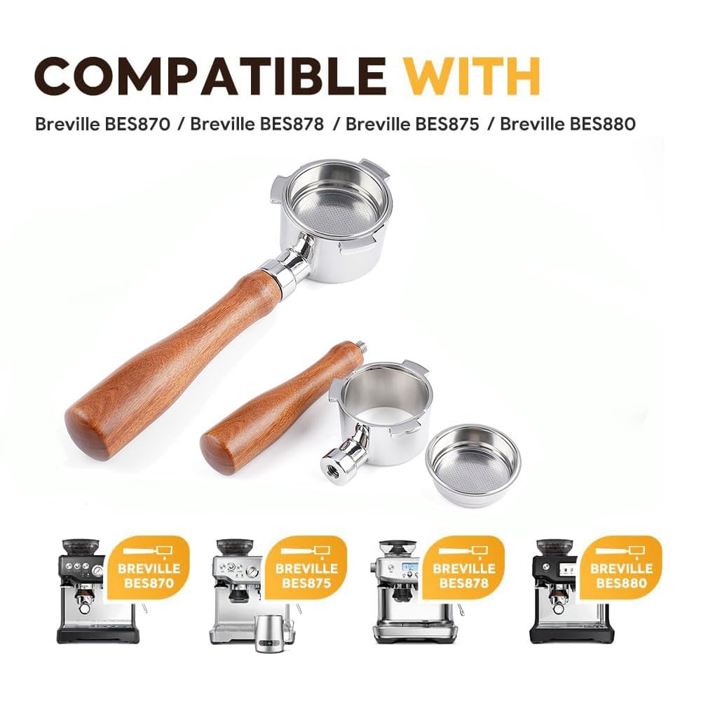 Portafiltro sin fondo de 54 mm compatible con Breville BES870/BES878/BES875/BES880, portafiltro de 3 orejas para cafetera Breville Espresso, mango de madera incluido cesta de filtro