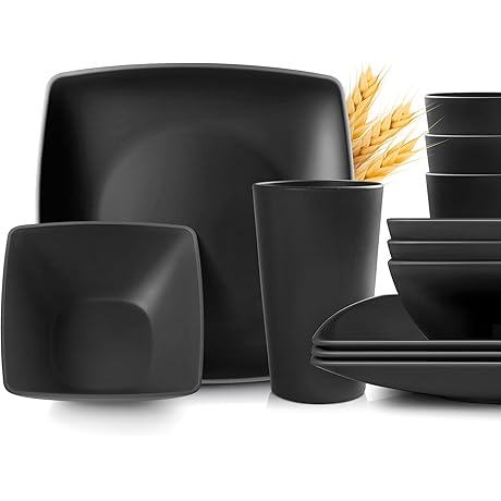 12-piece Flatware Kitchen Plastic Wheat Straw Square Dinnerware Set for 4