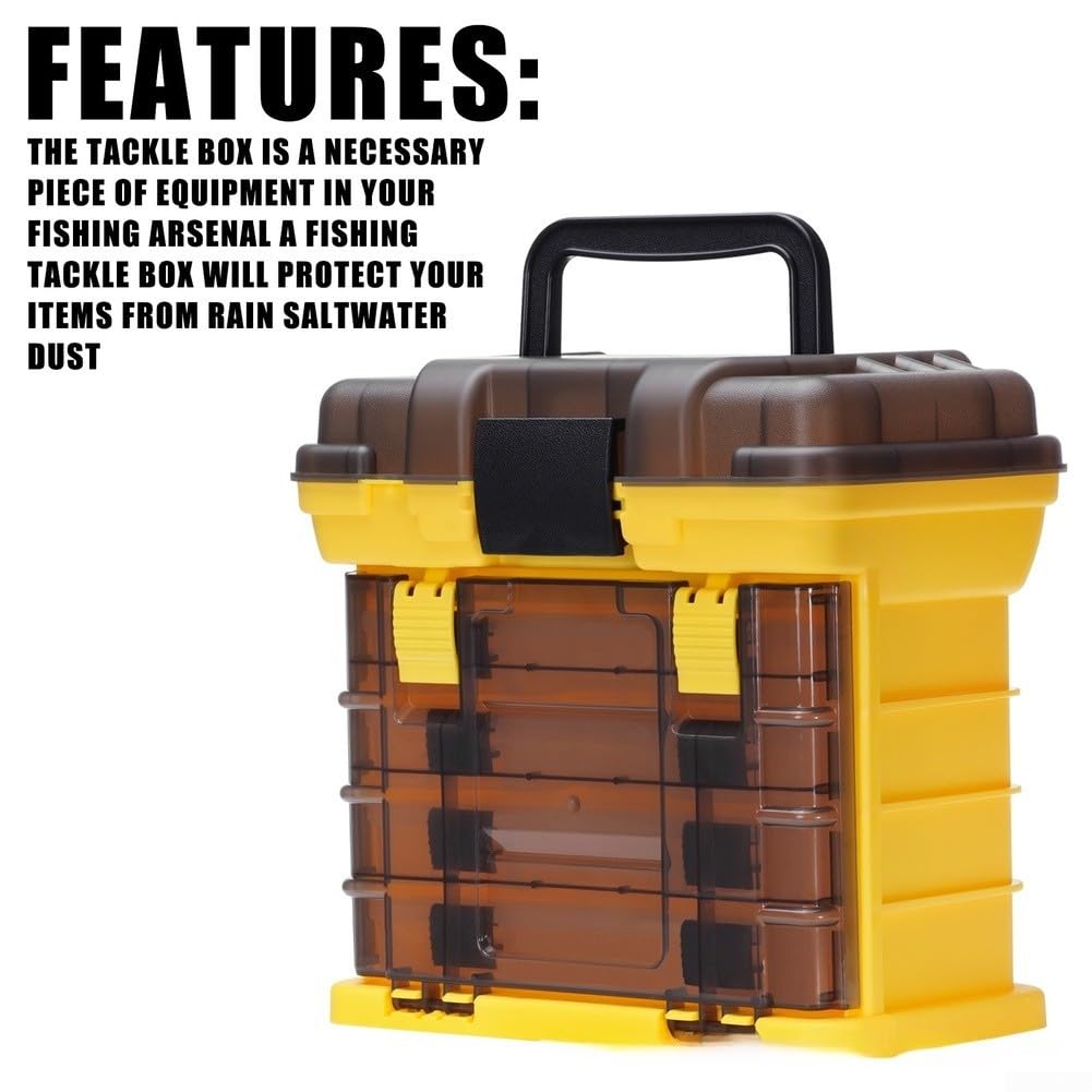 Caja de aparejos de pesca portátil con múltiples compartimentos, solución de almacenamiento para spinners, alicates giratorios, estuche organizador de plástico PP 28 x 17,5 x 27 cm (amarillo)