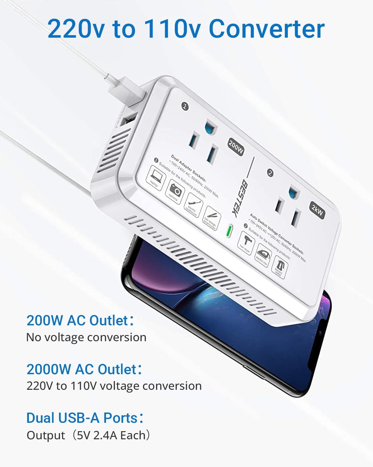 Universal Travel Adapter 220V to 110V Voltage Converter US to Europe 2000W Travel Voltage Converter with 2 USB Ports and EU/UK/AUS Plug Adapter for Hair Dryer/Curling Iron (White)