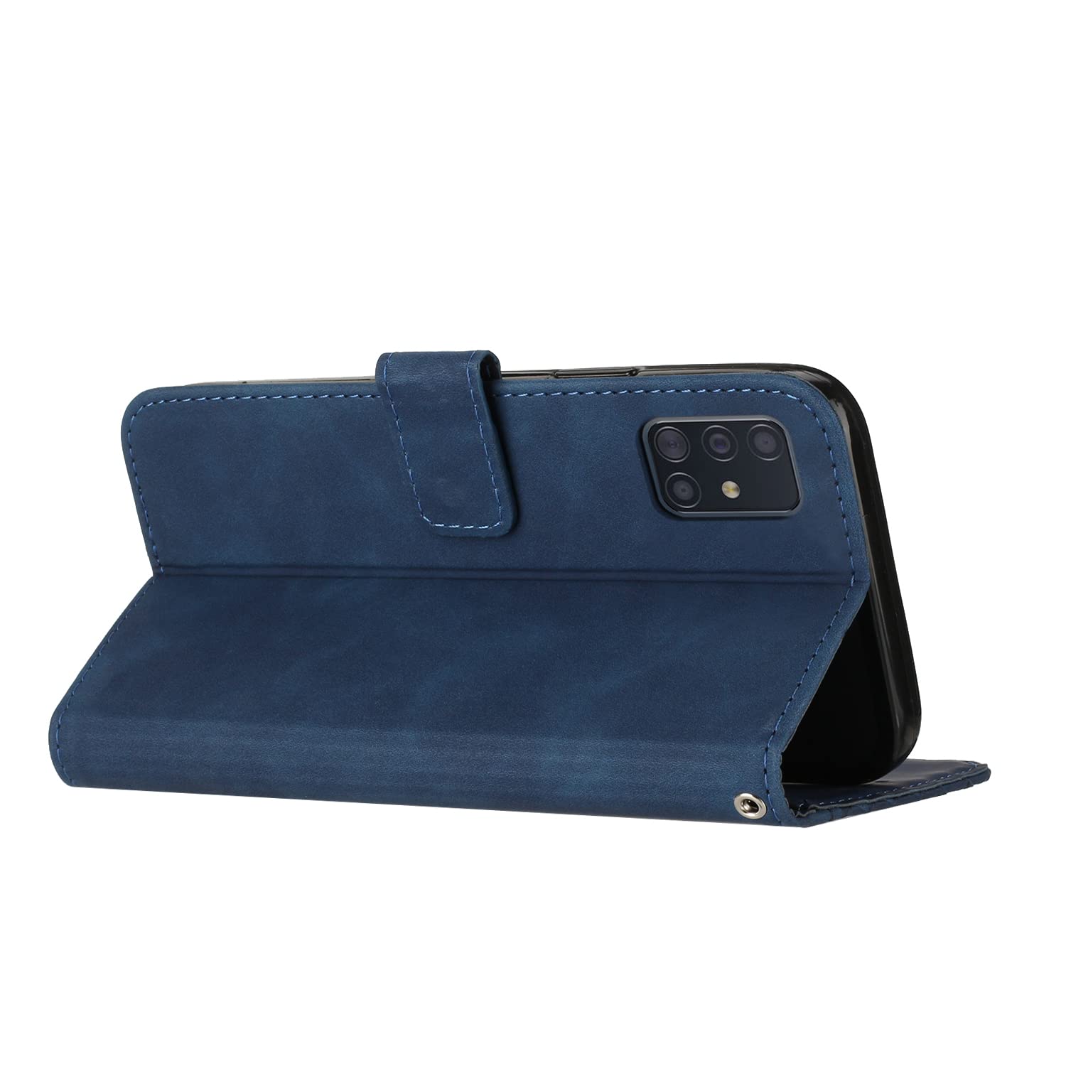 The blue OKZone PU leather wallet case for Samsung Galaxy A51 5G features card slots and a magnetic closure for added convenience and style.