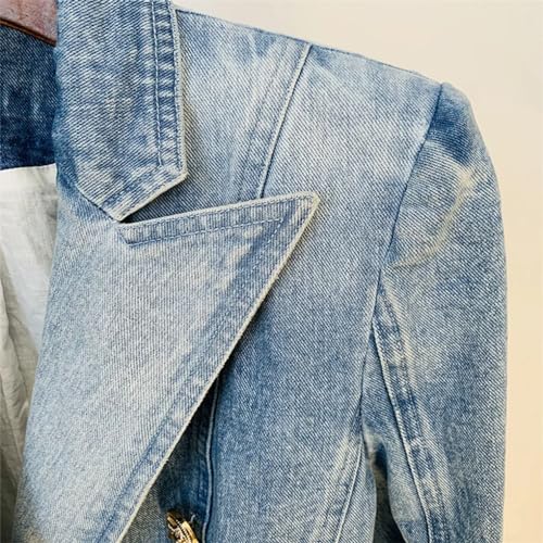 Women Notched Washed Denim Outwear Jackets Double Breasted Slim Short Casual Blazer4