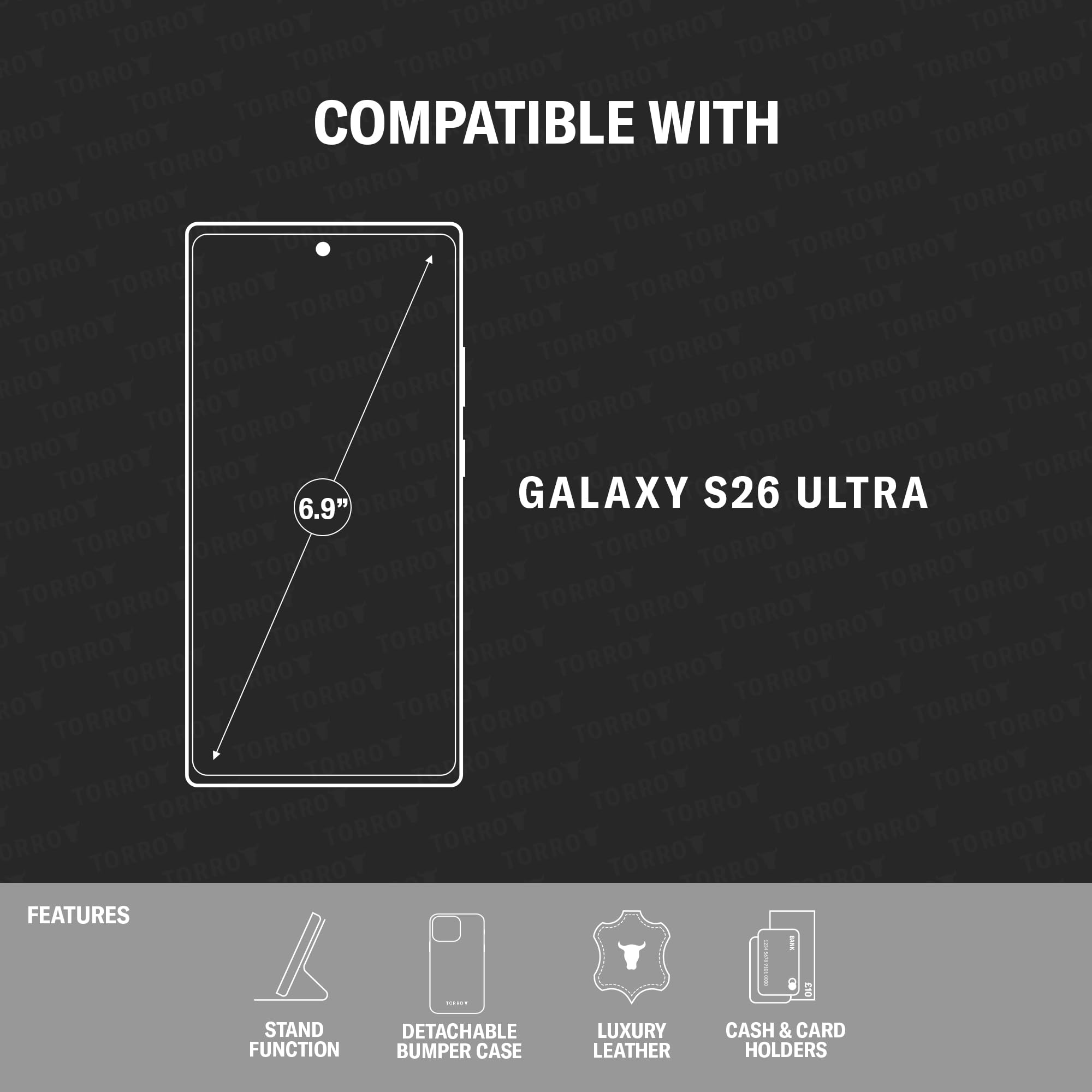 TORRO Custodia in pelle compatibile con Samsung Galaxy S26 Ultra 5G 2026 – Custodia in pelle con portafoglio staccabile magneticamente, supporto e slot per carte (Nero)