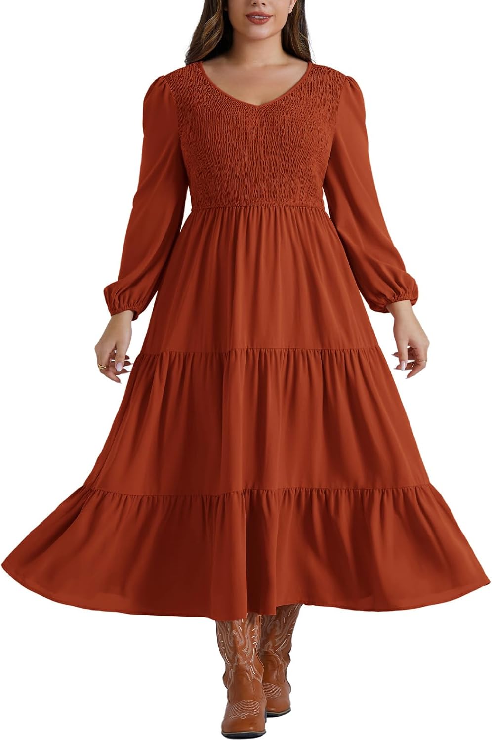 Hanna Nikole Women Plus Size Casual Dresses Elastic Waist Maxi Dress V-Neck Smocked A-Line Dress with Pockets