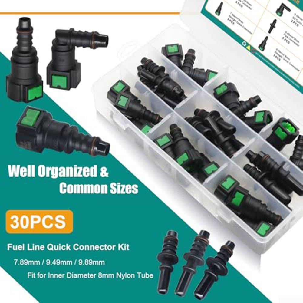 Set di 30 connettori rapidi per tubi carburante, PA12 in nylon SAE per tubo ID da 8 mm, kit di riparazione per aria, acqua, olio