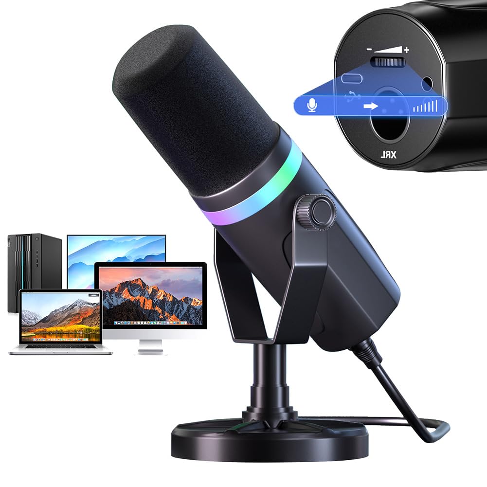 Micrófono dinámico XLR/USB para juegos, micrófono dinámico RGB para grabación en streaming