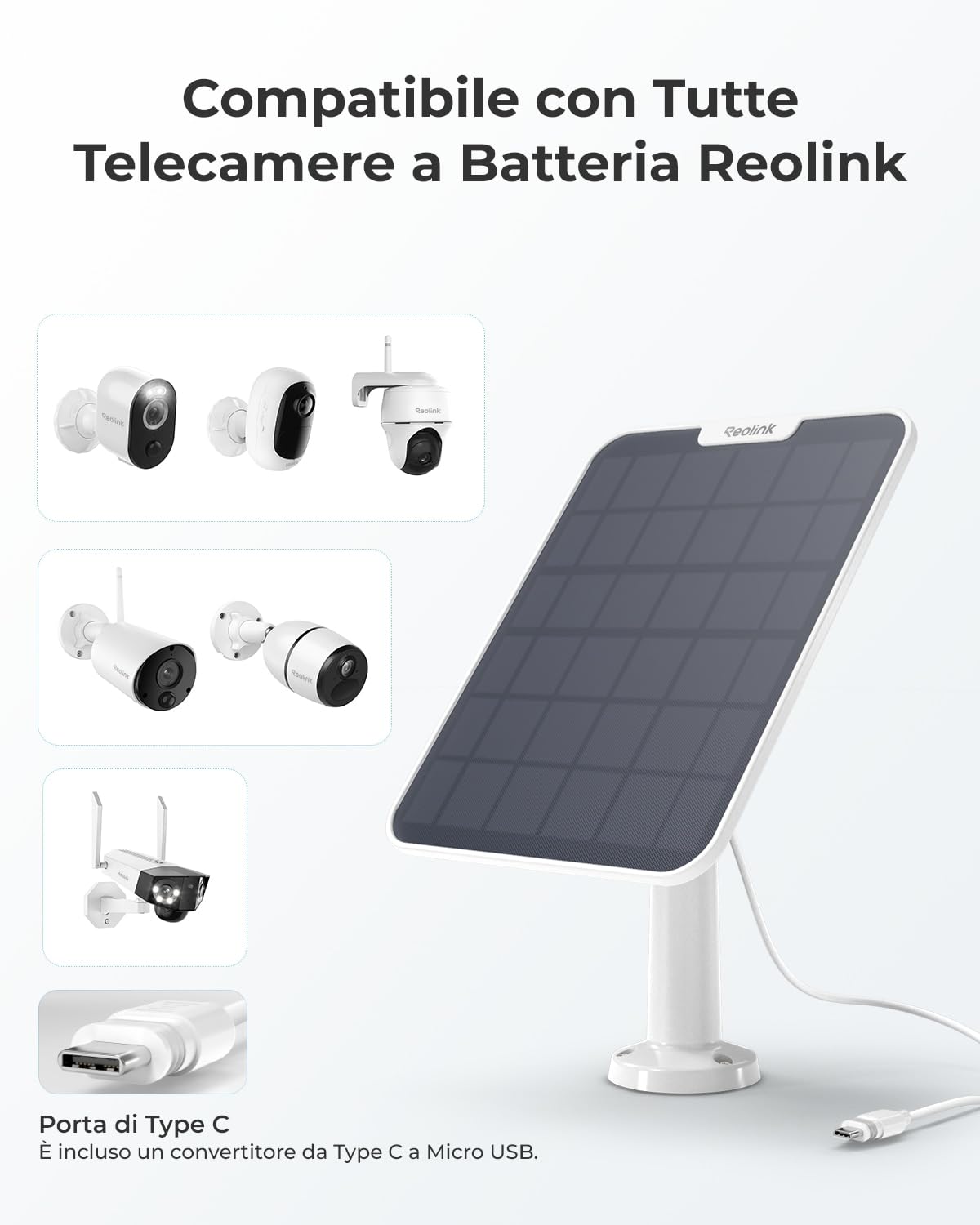 Reolink Pannello Solare(Bianco) per Telecamera Esterno Batteria Senza Fili | Argus Serie e Reolink Go/Go PT Serie, Energia Solare Continua, Impermeabilità, Montaggio Regolabile (con Cavo di 4 Metri)
