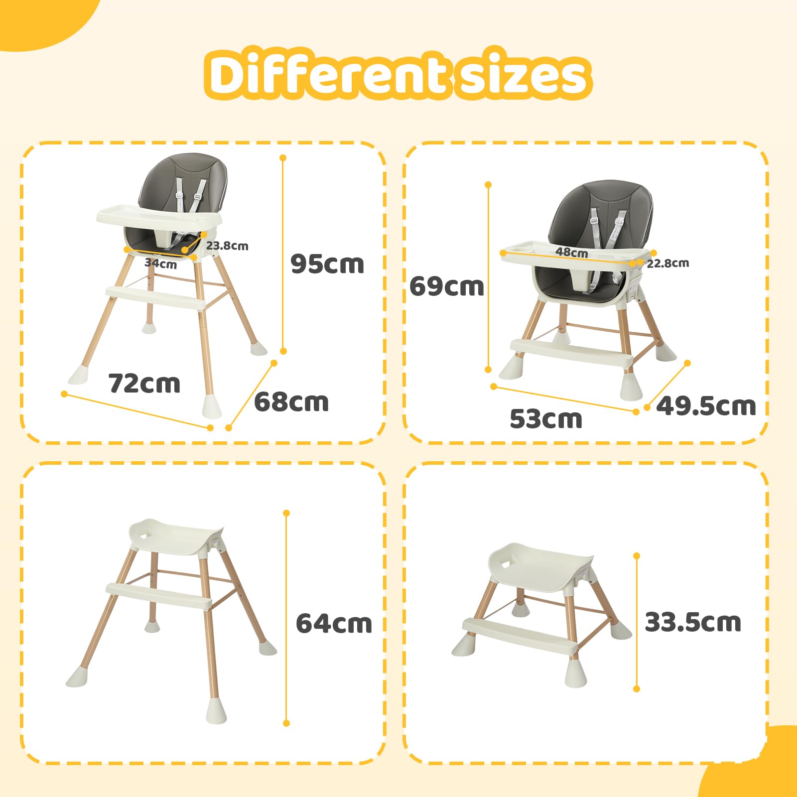 BONNLO Chaise Haute Bébé Évolutive, Pieds Fixes, Structure Renforcée, 4 KG Léger, 68x68x93cm, Réglable en Hauteur, Ceinture 5 Points, Fixation sur Chaise Adulte, Nettoyage Facile (Gris foncé)