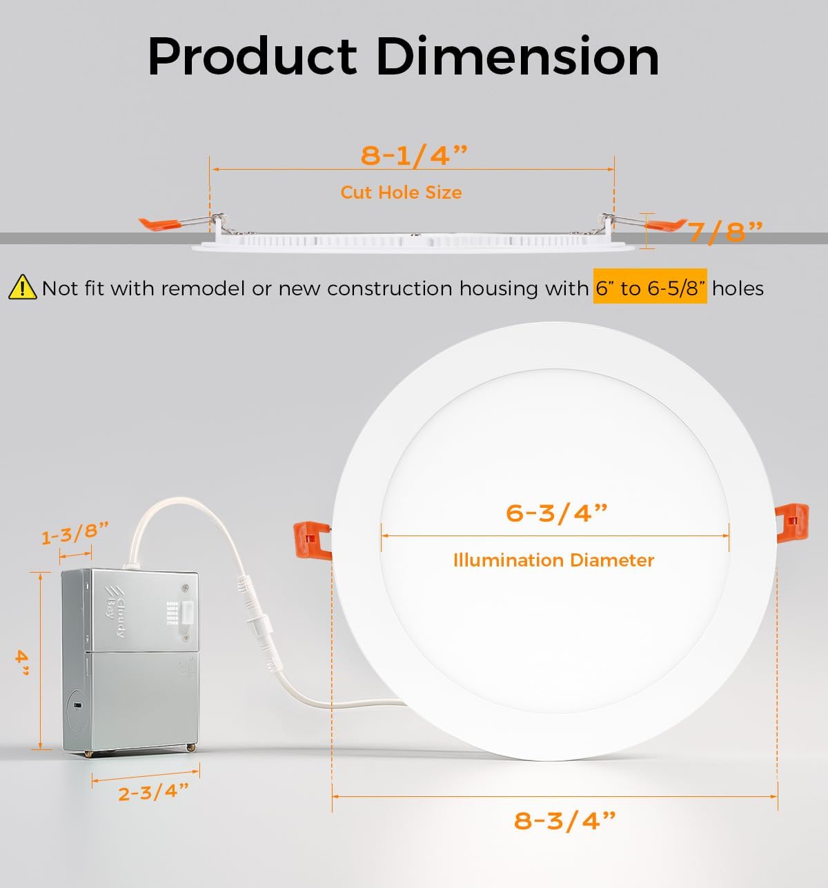 Diagram showing product dimensions, illumination diameter, and recommended cut hole size of 8-1/4 inches for the recessed light.