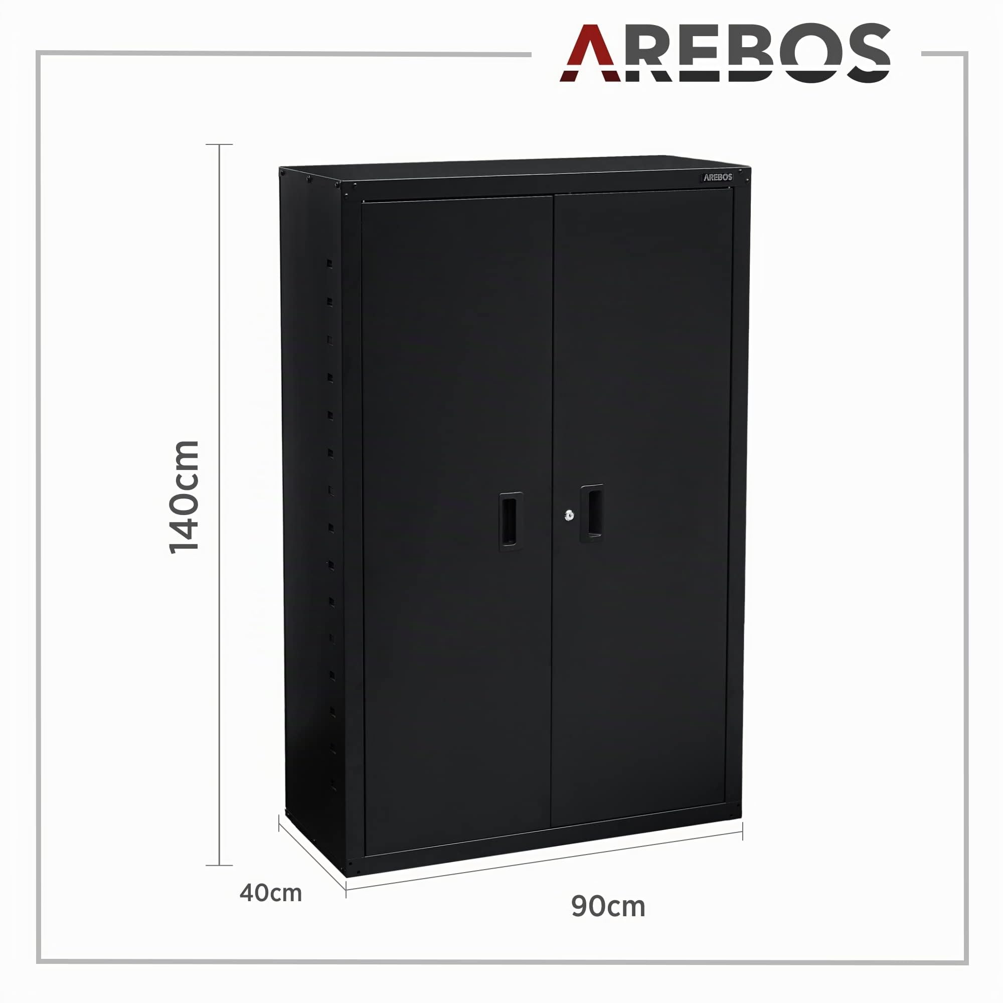 Arebos Aktenschrank | Büroschrank | 140 x 90 x 40 | 2 Türen | mit 3 Höhenverstellbaren Einlegeböden | mit Zylinderschloss | Schwarz