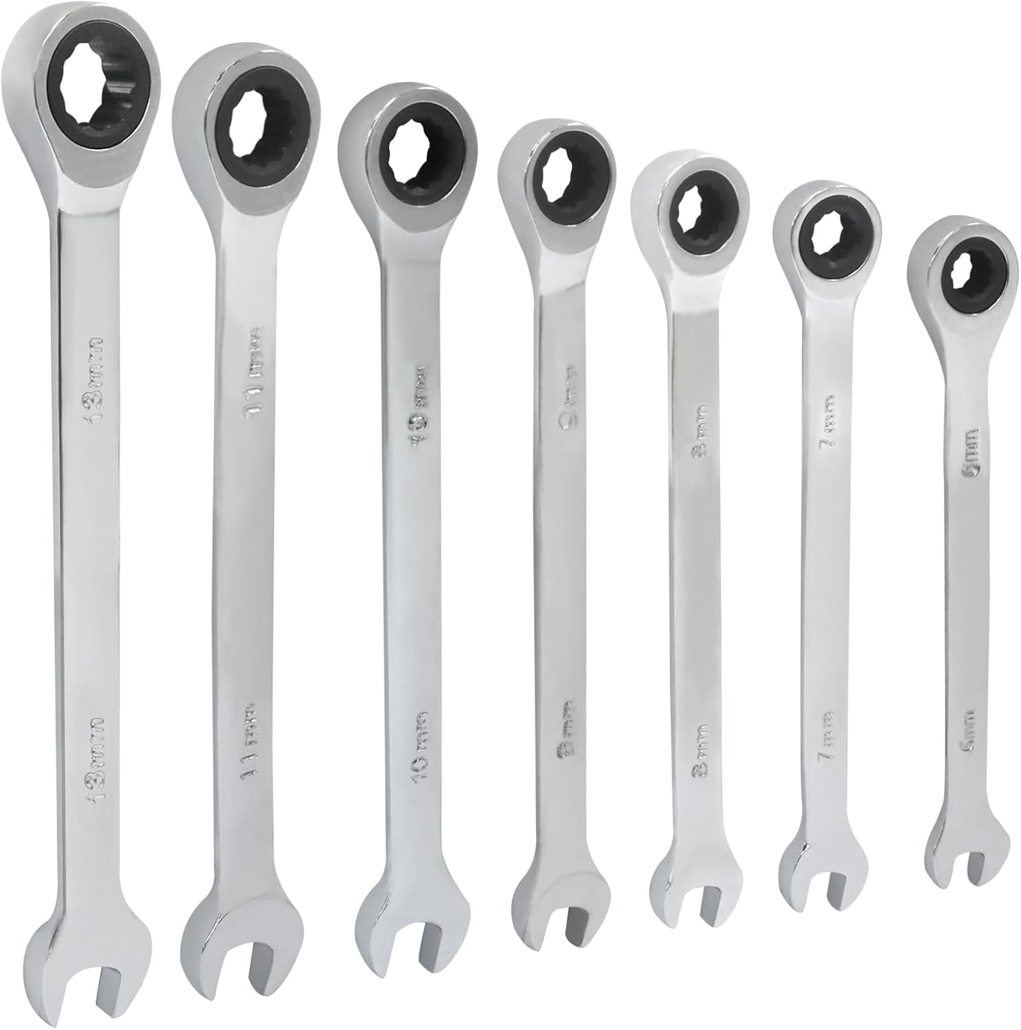 7 PCS Metric Ratchet Wrenches Set 6mm 7mm 8mm 9mm 10mm 11mm 13mm, Ratcheting Combination Wrench for Projects Metric Tight Spaces