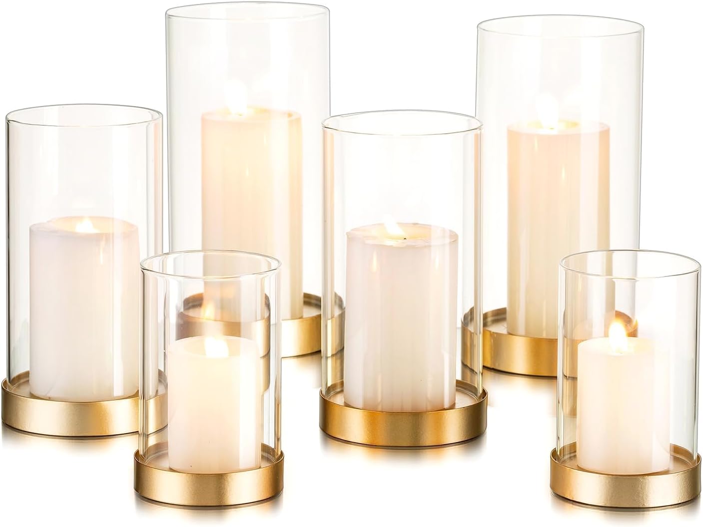 Hewory Hurricane Candle Holder for Pillar Candles: Gold Votive Candle Holders Set of 6, Glass Hurricane with Metal Candle Plate, Pillar Candle Holder for Table Centerpiece Wedding Holiday Home Decor Gold 6PCS