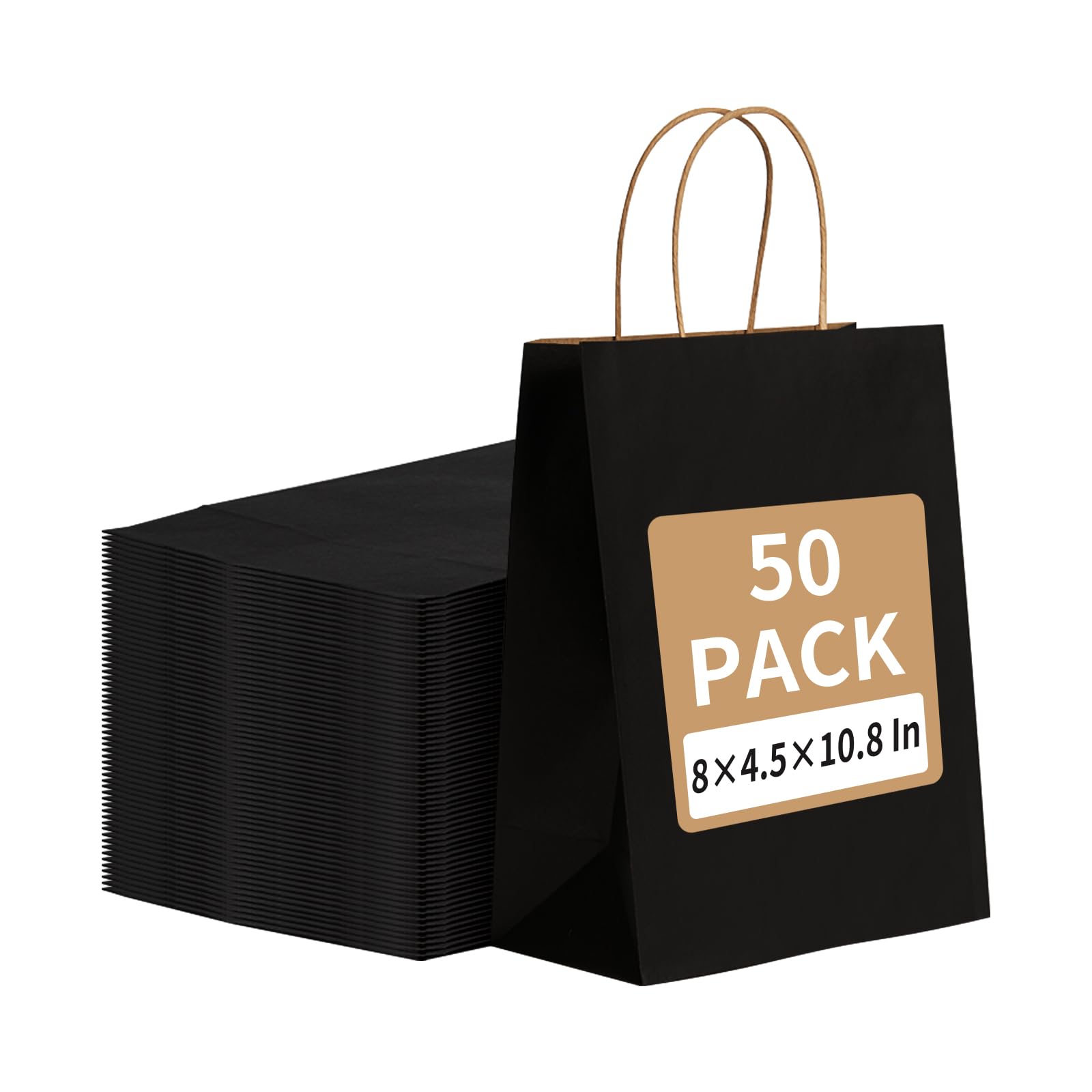 RACETOP 50Pcs Black Gift Bags 8x4.5x10.8 Inch, Kraft Paper Bags with Handles, Shopping Bags for Boutique, Wedding Party Favor, Merchandise, Retail,