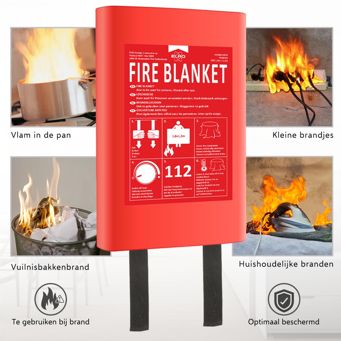 ELRO FB1812H Couverture Anti-feu 1,8 m x 1,2 m | pour recouvrir Les Personnes | Cuisine, Bureau, Barbecue, Camping, Sécurité d’Urgence | Conforme EN1869 | Boîtier Rigide | Fibre de Verre