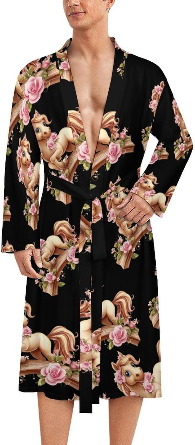 Wooden Horse Men's Robe Soft Bathrobe V Neck Loungewear Sleepwear Nightgown Dressing Gown