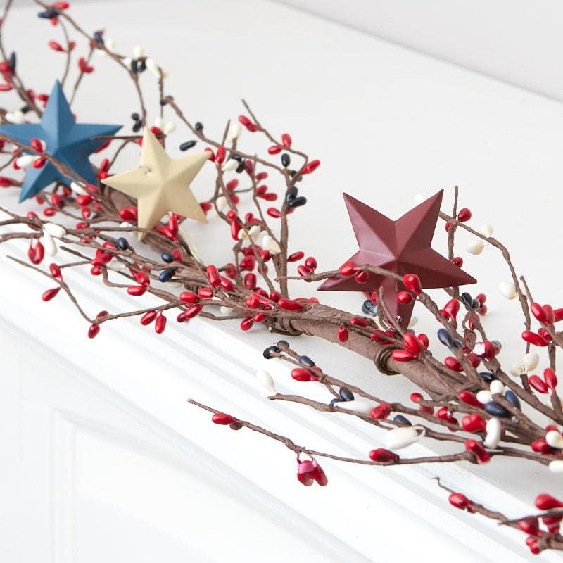 Americana Pip Berry Garland with with Red, White and Blue Stars – Year Round Rustic Berries, Farmhouse Home Decor for Table Arrangements, Fireplace Mantel, and Seasonal Centerpiece Decorations (60" L)
