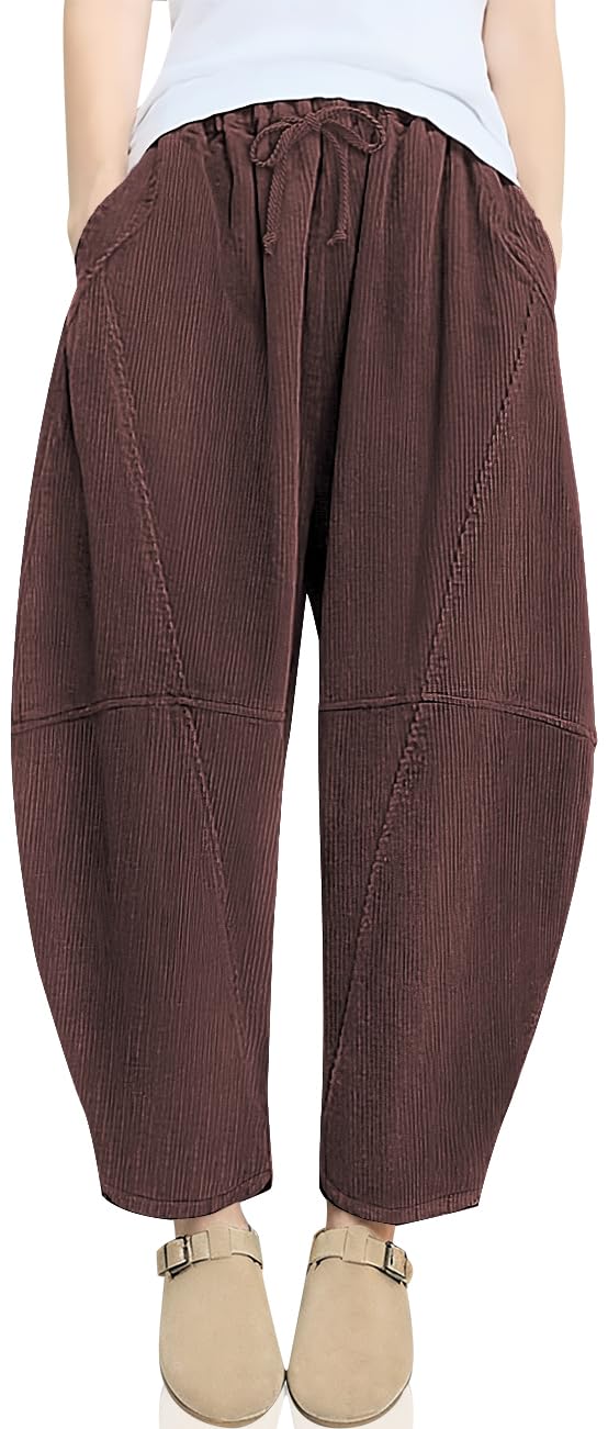 TARSE Womens Corduroy Harem Pants Casual Elastic Waist Wide Leg Pants Loose Fit Baggy Trousers with Pockets