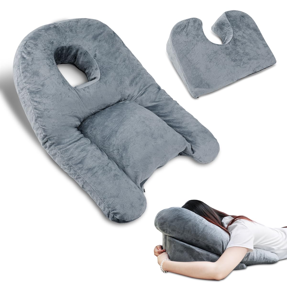 Zenflux Face Down Pillow for Sleeping, Memory Foam BBL Pillow After Surgery, Massage Pillow Face Down After Eye Surgery, Ergonomic Pillow for Neck Pain Relief, Grey