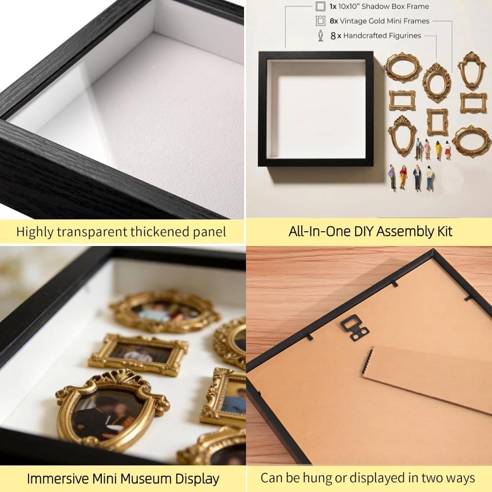DIY White Shadow Box Photo Display Kit 8 Gold Frames & Figurines